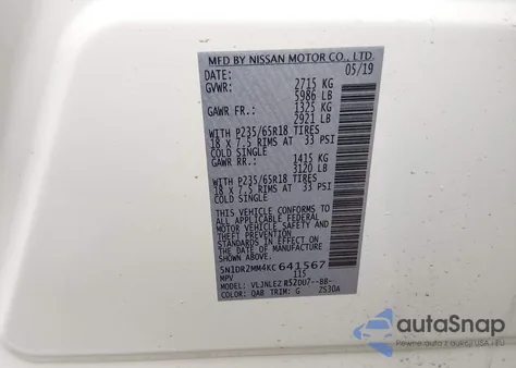 2019 Nissan Pathfinder Sv z USA, uszkodzony, nr VIN 5N1DR2MM4KC641567